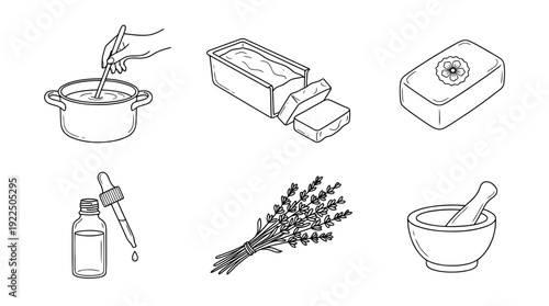 soap making, 6 black delicate line drawings vector set collection , white background , PNG and SVG