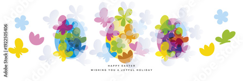 Happy Easter pastel color greeting card. Beautiful colorful Easter eggs with all around overlapping spring symbols butterfly and flowers on eggs white background