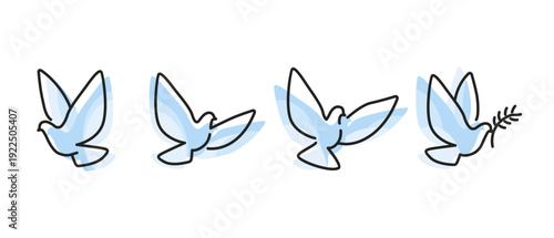 Christian light blue draw Holy Spirit Doves with olive branch vector for peace, faith, and spiritual design. Handwritten line design logo concepts