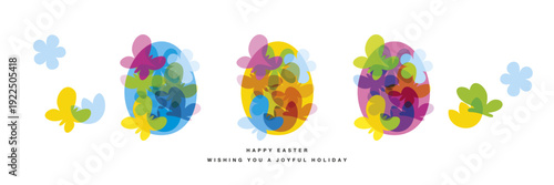Happy Easter pastel color greeting card. Beautiful colorful Easter eggs with overlapping spring symbols butterfly and flowers on eggs isolated white background