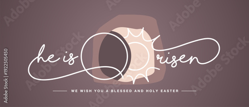He is risen handwitten calligraphy typography with stone door that opens to the sunrise line design on a dark brown background. We wish you a blessed and holy Easter