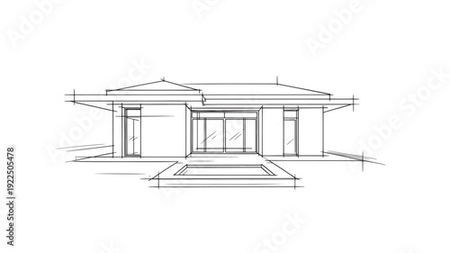 Modern House Architectural Sketch With Large Windows And Flat Roof Design For Home Building And Construction Concept
