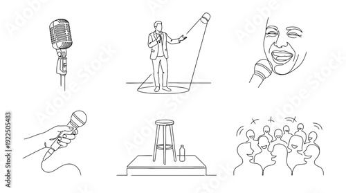 standup comedy, 6 black delicate line drawings vector set collection , white background , PNG and SVG