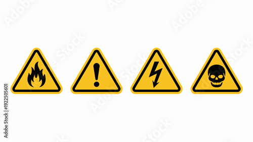 Warning Signs: A set of vivid, yellow triangular hazard symbols, conveying critical safety messages. Symbols include flammable substance, general hazard, electrical shock.