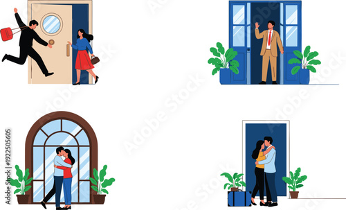 Couple Reunion at Doorway Romantic Greeting Hugging and Surprise Visit Scenes Flat Vector Illustration Set