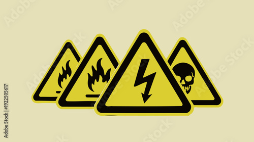 Warning Signs: a collection of universal symbols, meticulously designed to immediately communicate potential dangers, underscoring the vital importance of safety regulations and hazard awareness.