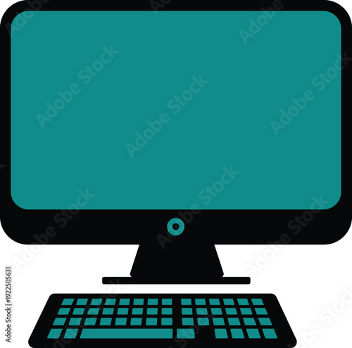 Modern Desktop Computer Monitor and Keyboard Icon with Teal Screen Isolated on White Background for Office Workspace and Technology Vector Design