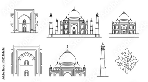 taj mahal, 6 black delicate line drawings vector set collection , white background , PNG and SVG