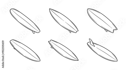 surfing board, 6 black delicate line drawings vector set collection , white background , PNG and SVG