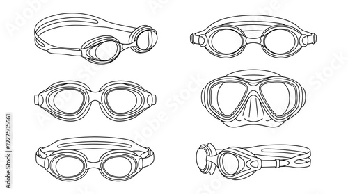 swimming goggles, 6 black delicate line drawings vector set collection , white background , PNG and SVG