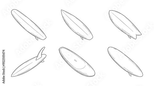 surfboard, 6 black delicate line drawings vector set collection , white background , PNG and SVG