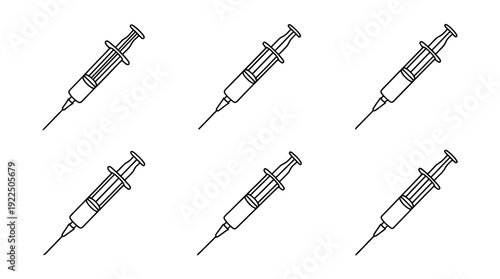syringe, 6 black delicate line drawings vector set collection , white background , PNG and SVG