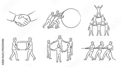teamwork people, 6 black delicate line drawings vector set collection , white background , PNG and SVG