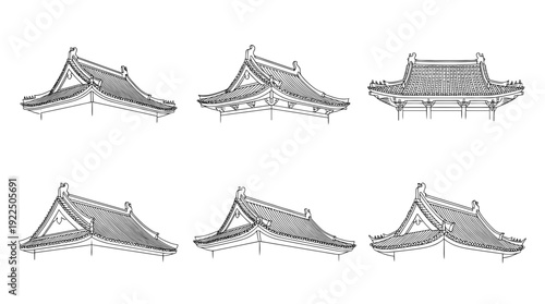 temple roof, 6 black delicate line drawings vector set collection , white background , PNG and SVG