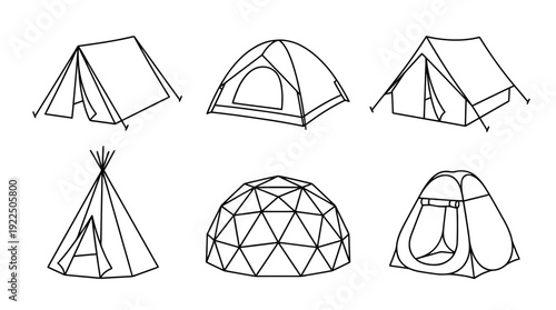 tent, 6 black delicate line drawings vector set collection , white background , PNG and SVG