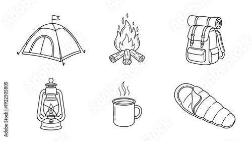 tent camping, 6 black delicate line drawings vector set collection , white background , PNG and SVG