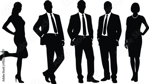 Business people silhouettes in formal suits and dresses, black vector illustration, confident poses for corporate, professional, teamwork and leadership concepts