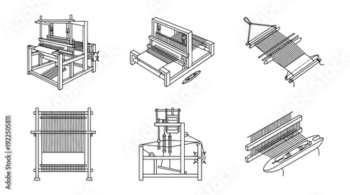 textile loom, 6 black delicate line drawings vector set collection , white background , PNG and SVG