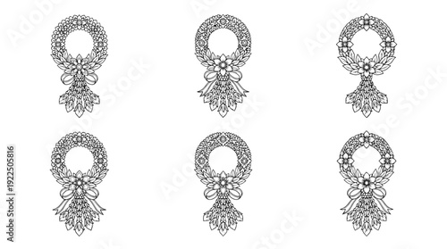 thai garland, 6 black delicate line drawings vector set collection , white background , PNG and SVG