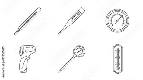 thermometer, 6 black delicate line drawings vector set collection , white background , PNG and SVG