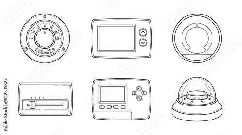 thermostat control, 6 black delicate line drawings vector set collection , white background , PNG and SVG