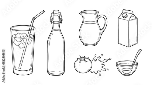 tomato juice, 6 black delicate line drawings vector set collection , white background , PNG and SVG