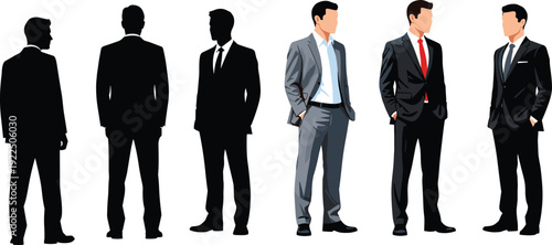 Businessmen silhouettes in suits, side front back views, formal corporate attire, standing poses, black shadow figures vector illustration, professional male group