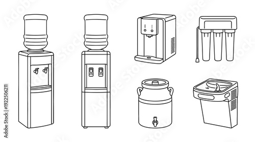 water dispenser, 6 black delicate line drawings vector set collection , white background , PNG and SVG
