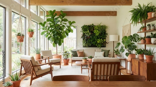 Sunlit mid-century living room with large windows, abundant houseplants and a vertical garden wall, cozy modern furniture, wood accents and a calm, biophilic atmosphere
