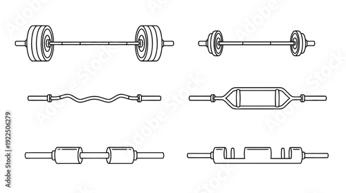 weightlifting barbell, 6 black delicate line drawings vector set collection , white background , PNG and SVG