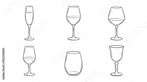 wine glass, 6 black delicate line drawings vector set collection , white background , PNG and SVG