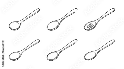 wooden spoon, 6 black delicate line drawings vector set collection , white background , PNG and SVG