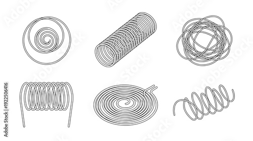 wire coil, 6 black delicate line drawings vector set collection , white background , PNG and SVG