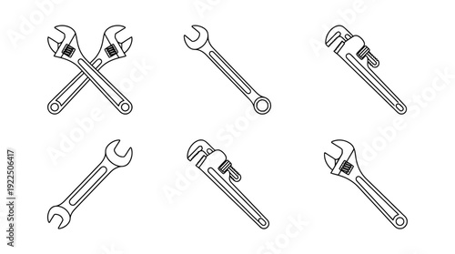 wrench, 6 black delicate line drawings vector set collection , white background , PNG and SVG