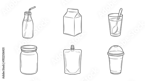 yogurt drink, 6 black delicate line drawings vector set collection , white background , PNG and SVG