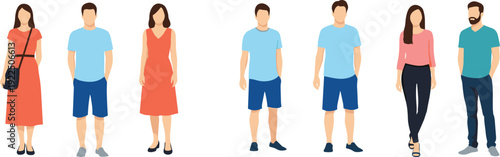 Collection of casual and professional people silhouettes and flat vector characters, diverse men and women standing poses, isolated on white.