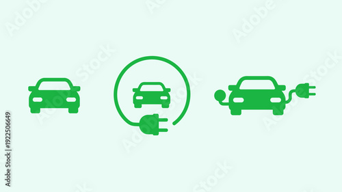 Eco-Friendly Electric Car Icons: Minimalist green icons representing electric vehicles and charging symbols, symbolizing sustainable transport and environmental awareness.