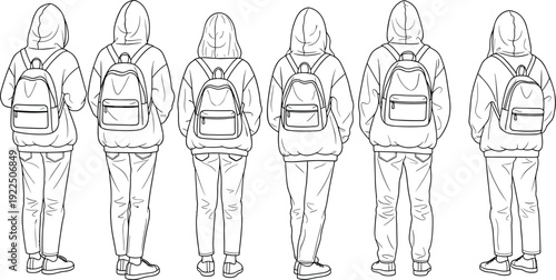 Collection of young student silhouettes wearing hoodies and backpacks from back view, flat line art vector illustration on white background.