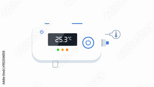 Close-up of a white digital temperature controller with a black screen and blue buttons on a clean white background.