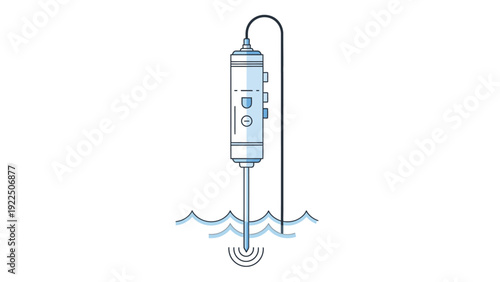 Illustration of an electric water level sensor with a cable and probe submerged in wavy water lines on a white background.