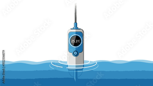 Digital thermometer device measuring water temperature with a clear display screen partially submerged in rippling blue water.
