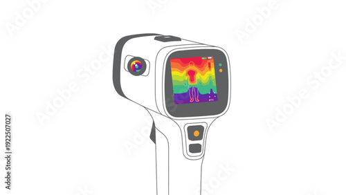 Close-up of a white infrared thermal imaging camera with a colorful heat map on its screen against a clean white background.
