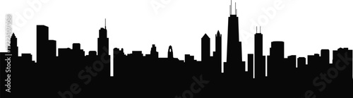 Urban city skyline silhouette with modern skyscrapers, downtown architecture panorama, minimal black cityscape 
