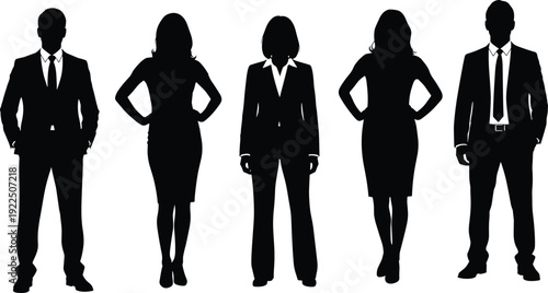 Confident Corporate Business Team Silhouettes, Diverse Men and Women Professionals in Suits Standing with Hands on Hips Powerfully