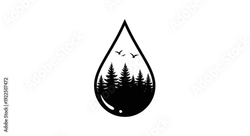 Black and white illustration of a water droplet with forest landscape inside.