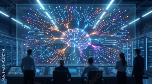 Group of engineers and data scientists monitoring an artificial intelligence brain connecting to a neural network, visualizing complex data and calculations within a bustling data center