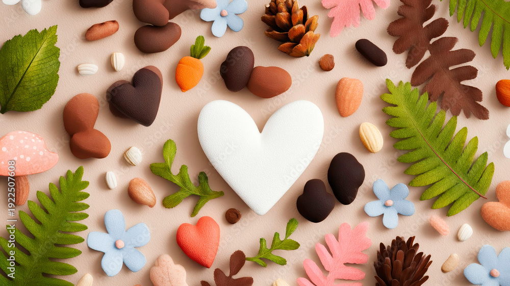 Obraz premium Adorable Chocolate Heart Characters Featured in an Intricate Botanical Illustration with Flowers