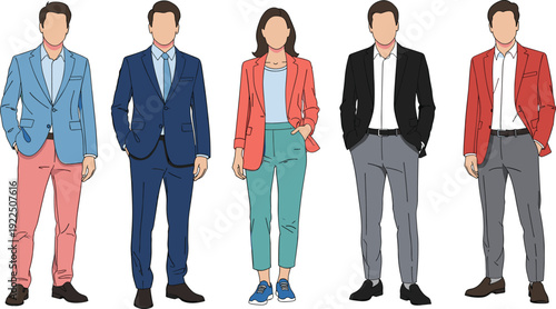Diverse business professionals in colorful blazers standing row men women modern formal outfits stylish suits faceless avatars fashion illustration set