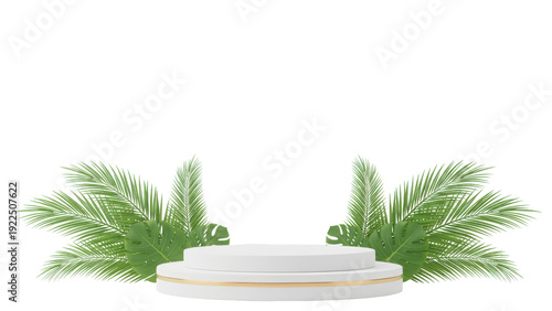 White cylindrical podium with green plants isolated on transparent background