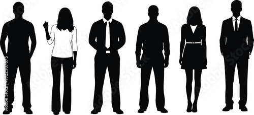 Diverse business people silhouettes, men in suits ties, women in blouse pants dress, formal corporate poses, black shadow vector illustration, professional group